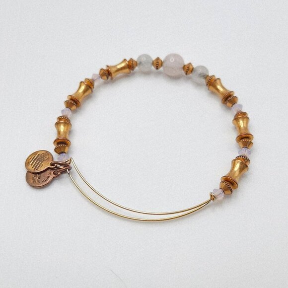Alex and Ani Rose Quartz Beaded Expendable Aged Gold Tone Bangle Bracelet - Picture 3 of 3